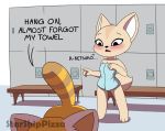  2020 accidental_exposure aggressive_retsuko ailurid anthro biped blush butt canid canine dialogue digital_media_(artwork) duo english_text female female/female fennec fenneko flashing fox fur locker_room mammal nude open_mouth red_panda retsuko sanrio starshippizza text towel 