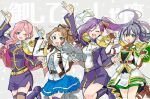  4girls :d ;d ^_^ aqua_eyes arm_up armor asa_(asa_410st) asymmetrical_bangs belt belt_buckle black_boots black_hair black_jacket black_shirt black_skirt blue_eyes blue_skirt boots breasts brown_belt brown_boots brown_gloves brown_hair brown_jacket brown_ribbon brown_thighhighs buckle capelet center_frills chest_harness closed_eyes commentary_request cowboy_shot drill_hair epaulettes facing_viewer fingerless_gloves frilled_shirt frilled_skirt frills gloves green_capelet green_skirt grey_background grey_eyes grey_gloves hair_between_eyes hair_over_shoulder hair_ribbon half_gloves hand_up hands_up harness high_belt high_side_ponytail honami_hisame jacket jacket_on_shoulders knee_boots layered_skirt leg_up liu_mei_fan long_hair long_sleeves looking_at_viewer medal medium_breasts medium_hair miniskirt moriyasu_kuina multicolored_hair multicolored_jacket multiple_girls ok_sign one_eye_closed open_mouth outstretched_arm parted_bangs partially_unzipped pauldrons pink_hair pink_jacket ponytail purple_jacket raised_eyebrows red_ribbon ribbon shirt shoujo_kageki_revue_starlight shoujo_kageki_revue_starlight_-re_live- shoulder_armor side_slit single_pauldron single_stripe skirt smile sparkle_background standing standing_on_one_leg streaked_hair striped_clothes striped_skirt sweatdrop text_background thighhighs translation_request tsuruhime_yachiyo twitter_username two-sided_capelet two-sided_fabric two-sided_jacket two-tone_hair two-tone_jacket v-shaped_eyebrows watermark white_capelet white_hair white_jacket white_shirt white_skirt yellow_belt zettai_ryouiki zipper 