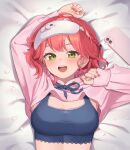  1girl absurdres ahoge bed_sheet blue_bra blue_ribbon blush bra braid breasts cellphone fingernails green_eyes hair_ribbon hanazawa_ma highres hololive hood hoodie large_breasts looking_at_viewer lying medium_hair nail_polish on_back open_mouth petals phone pink_hair pink_hoodie pink_nails ribbon sakura_miko sleep_mask smartphone smile solo teeth underwear upper_teeth_only virtual_youtuber white_mask 