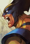  1boy angry bodysuit claws hankuri male_focus marvel mask muscle nose open_mouth portrait profile simple_background solo teeth wolverine x x-men yellow_bodysuit 