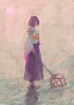  1girl bare_shoulders breasts dress final_fantasy final_fantasy_x from_side full_body fuyumurasaki highres painterly pink_hair purple_dress shirt short_hair solo standing standing_on_liquid water white_shirt white_sleeves yuna_(ff10) 