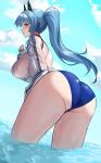  1girl absurdres ass bikini blue_bikini blue_eyes blue_hair blue_sky braid breasts cloud commentary day dutch_angle from_behind gloves goddess_of_victory:_nikke hair_ornament half_up_braid hand_on_own_thigh hand_up helm_(aqua_marine)_(nikke) helm_(nikke) highres horizon kopepan_(kopepann11) large_breasts leaning_forward long_hair long_sleeves looking_at_viewer looking_back no_pants ocean official_alternate_costume outdoors parted_lips ponytail profile see-through_clothes see-through_shirt shirt sidelocks sideways_glance sky solo standing swimsuit wading water wet wet_clothes wet_shirt white_gloves white_shirt 