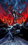  2girls artist_collaboration bat_(animal) batman batman_(series) black_cape black_mask bodystocking bodysuit cape chain crossover dc_comics grey_bodysuit highres j._scott_campbell looking_at_viewer multiple_girls sabine_rich signature spawn_(comic) spawn_(spawn) squatting 