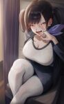  1girl absurdres black_hair black_jacket blush breasts cleavage commentary_request ear_ornament fellatio_gesture goddess_of_victory:_nikke hair_intakes heavy_breathing highres ion_932 jacket jewelry large_breasts long_hair looking_at_viewer miniskirt mole mole_under_eye multiple_rings ok_sign open_clothes open_jacket open_mouth pantyhose parted_bangs pencil_skirt red_eyes ring shirt sitting skirt smile solo sora_(nikke) twintails white_pantyhose white_shirt 