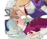  2girls blonde_hair blue_dress blue_eyes blue_hat bow commentary_request dress elbow_gloves eye_contact gloves hair_bow hand_on_another&#039;s_chin hat hat_ribbon long_hair looking_at_another lying mob_cap mochimo-cheese multiple_girls nurse_cap on_back puffy_short_sleeves puffy_sleeves purple_dress purple_eyes red_dress red_ribbon ribbon short_sleeves simple_background touhou white_background white_gloves white_hat yagokoro_eirin yakumo_yukari yukadon yuri 
