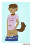  anthro balls border bottomwear brown_body brown_eyes brown_fur brown_hair canid canine canis clothing collar domestic_dog flaccid freckles fur genitals hair hi_res jeans looking_at_viewer male mammal orbitalis pants penis piercing pupils shirt simple_background smile solo t-shirt text topwear white_border white_pupils 