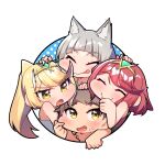  1boy 3girls animal_ears blonde_hair brown_hair cat_ears chibi couple grey_hair group_hug happy highres hug multiple_girls mythra_(xenoblade) nia_(xenoblade) osora_(judithandlilith) polygamy ponytail pyra_(xenoblade) red_hair rex_(xenoblade) smile tiara xenoblade_chronicles_(series) xenoblade_chronicles_2 yellow_eyes 