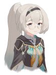  1girl absurdres black_hairband black_jacket closed_mouth collared_shirt cropped_jacket firefly_(honkai:_star_rail) glasses gradient_eyes gradient_hair green_pupils grey_hair hair_between_eyes hair_intakes hairband highres honkai:_star_rail honkai_(series) jacket long_hair multicolored_eyes multicolored_hair neckerchief orange_neckerchief ponytail pyarthra round_eyewear shirt simple_background smile solo white_background white_shirt white_sleeves 