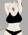 2025 4_fingers anthro arm_above_head arm_tuft armpit_tuft bent_arm big_breasts biped black_bra black_claws black_clothing black_nose black_panties black_pawpads black_sports_bra black_underwear bra breasts canid canine canis cheek_tuft claws clothed clothed_anthro clothed_female clothing crotch_tuft digital_drawing_(artwork) digital_media_(artwork) elbow_tuft eyes_closed facial_tuft fangs female finger_claws fingers fluffy fluffy_tail front_view fur fur_tuft grey_background grey_tail hand_on_arm hand_on_own_arm hi_res hip_tuft inner_ear_fluff leg_tuft light_body light_fur mammal monotone_background monotone_body monotone_fur monotone_tail navel neck_tuft nekomata_ftnr open_mouth panties pawpads pink_tongue pointy_ears portrait prick_ears simple_background snout solo sports_bra standing stretching tail teeth three-quarter_portrait tongue tuft underwear whisker_spots white_body white_ears white_fur white_inner_ear_fluff wolf yawn