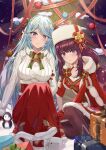  2girls :o absurdres adversarial_noise bell black_pantyhose blush bow bowtie box breasts cape christmas christmas_tree christmas_tree_ornament cleavage closed_mouth collarbone commentary_request dress epsilon_(kage_no_jitsuryokusha_ni_naritakute!) eta_(kage_no_jitsuryokusha_ni_naritakute!) fur-trimmed_cape fur-trimmed_dress fur-trimmed_skirt fur_collar fur_hat fur_trim gift gift_box gloves green_bow green_bowtie grey_hair hat hat_ribbon high-waist_skirt highres impossible_clothes impossible_sweater kage_no_jitsuryokusha_ni_naritakute! knees_up large_breasts leaf_print long_hair long_sidelocks long_skirt long_sleeves looking_at_viewer matsumoto_yuu mini_snowman multiple_girls neck_bell night outdoors pantyhose papakha parted_bangs parted_lips pointy_ears print_skirt purple_eyes red_cape red_dress red_gloves red_ribbon red_skirt ribbed_sweater ribbon sidelocks sitting skirt smile snow snowing sparkle straight_hair sweater very_long_hair watermark white_hat white_sweater 