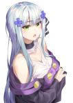  1girl bangs blue_hair breasts cleavage crossed_arms dress eyebrows_visible_through_hair girls_frontline green_eyes hair_ribbon henz highres hk416_(girls_frontline) large_breasts lips long_hair looking_at_viewer open_mouth ribbon solo white_background 