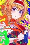  absurdres alice_margatroid blonde_hair blue_dress blue_eyes book capelet colorful dress frilled_hairband frilled_sash frills grimoire grimoire_of_alice hairband highres hirwannew jewelry lolita_hairband puppet_rings puppet_strings red_hairband ring sash touhou white_capelet 