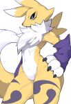  1other animal_ears black_sclera blue_eyes body_fur claws colored_sclera detached_sleeves digimon digimon_(creature) fox_ears fox_girl fox_tail furry furry_female hand_on_own_hip highres kokodari purple_sleeves renamon simple_background standing tail thighs white_background 