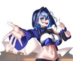  1girl absurdres blue_eyes blue_hair blue_shirt breasts colored_inner_hair cropped_shirt daaku_(koizumi_arata) english_commentary fangs hair_intakes hair_ribbon highres hololive hololive_english hololive_idol_uniform_(color_rise) large_breasts multicolored_hair navel open_mouth ouro_kronii outstretched_arm ribbon shirt single_sleeve solo teeth virtual_youtuber white_background white_ribbon white_shirt 