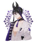  1boy abs animal_ears brooch coat collar commission dog_ears epaulettes flower hair_belt hair_between_eyes highres jewelry looking_at_viewer male_focus open_clothes open_coat open_shirt original pectoral_cleavage pectorals purple_eyes ribbon_around_head simple_background single_epaulette solo tassel toned toned_male upper_body white_background white_flower yoimon 