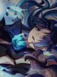  1girl ado_(utaite) black_bow black_bowtie black_hair blue_eyes blue_flower blue_rose bow bowtie chando_(ado) commentary_request floating_hair flower highres keeko_(kk_0012) long_hair looking_at_viewer mole mole_under_eye open_mouth rose solo teeth upper_teeth_only utaite 