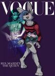 absurd_res anklet anthro anti-eyebrow_piercing bottomwear cher_(musician) clothing cover crop_top cropped_jacket dramatic_pose hi_res hotpants jewelry jojo&#039;s_bizarre_adventure lagomorph leporid lucienne_(soft_and_wett) magazine_cover male mammal piercing pose purple_background rabbit shirt shorts simple_background soft_and_wett solo stand_(jjba) topwear vogue_(magazine)