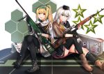  2girls absurdres assault_rifle black_footwear black_gloves black_headwear black_legwear black_skirt blonde_hair boots brown_footwear brown_jacket character_name dragunov_svd eyebrows_visible_through_hair fingerless_gloves girls_frontline gloves green_ribbon grey_eyes grey_hair gun hair_ribbon hairband hand_on_weapon hat highres holding holding_weapon huge_filesize jacket long_hair looking_at_viewer military military_hat military_uniform multiple_girls muteppona_hito open_mouth red_eyes ribbon rifle russian_flag shirt silver_hair simple_background sitting sitting_on_floor skirt smile sniper_rifle sv-98 sv-98_(girls_frontline) svd_(girls_frontline) tape thighhighs uniform weapon weapon_case white_jacket white_shirt 