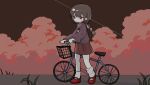  1girl bicycle braid braided_ponytail brown_hair brown_skirt cloud cumulonimbus_cloud full_body hashtag-only_commentary long_hair long_sleeves looking_ahead madotsuki mary_janes outdoors pink_sweater pixel_art red_eyes red_shoes reihoshii shoes skirt socks solo sweater walking white_socks yume_nikki 