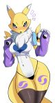  1girl animal_ears bikini black_sclera black_thighhighs blue_eyes blush body_fur breasts claws colored_sclera cosplay digimon digimon_(creature) digimon_tamers elbow_gloves facial_mark fox_ears fox_girl fox_tail furry furry_female gloves highres looking_at_viewer makino_ruki makino_ruki_(cosplay) navel neck_fur neck_tuft pabsmikan renamon shirt swimsuit tail thick_thighs thighhighs thighs thong_bikini tied_shirt two-tone_fur white_fur wide_hips yellow_fur yin_yang 