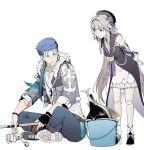  1boy 1girl arms_behind_back bare_shoulders belt beret black_belt black_boots black_gloves black_hat black_jacket blue_hair blue_pants blunt_bangs boots bow breasts bucket chain chest_bow cigarette closed_mouth clothing_cutout collarbone commentary_request creature crescent crescent_necklace cu_chulainn_(fate) cu_chulainn_(fate/stay_night) cu_chulainn_(honkai:_star_rail)_(fate) doll_joints dress earrings fate/stay_night fate/unlimited_blade_works fate_(series) fingerless_gloves fish flower full_body fur-trimmed_jacket fur_trim gloves gold_earrings grey_jacket hair_flower hair_ornament half-closed_eyes hat herta_(honkai:_star_rail) herta_(puppet)_(honkai:_star_rail) high_heel_boots high_heels honkai:_star_rail honkai_(series) jacket jewelry joints long_hair long_sleeves looking_at_another low_ponytail medium_breasts necklace open_clothes open_jacket pants pink_eyes ponytail purple_bow purple_eyes purple_flower sailor_collar shirt shoes shoulder_cutout sidelocks simple_background sitting sneakers standing syatey tassel trotter_(honkai:_star_rail) v-shaped_eyebrows white_background white_dress white_shirt 