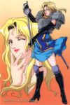  1990s_(style) armor artist_name black_footwear black_gloves blonde_hair blue_eyes boots breastplate charlotte_christine_de_colde chikanaga_kenichi elbow_gloves full_body gloves gradient gradient_background hand_on_own_chin high_heels holding holding_sword holding_weapon knee_boots lipstick long_hair looking_at_viewer makeup official_art one_eye_closed orange_background pauldrons rapier red_lips reverse_grip samurai_spirits sheath shoulder_armor skirt standing sword thigh_boots thighhighs weapon 