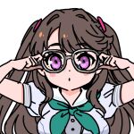  1girl aqua_neckerchief blue_dress blush_stickers breasts commentary_request dress fujishima_megumi grey-framed_eyewear hasu_no_sora_school_uniform holding holding_removed_eyewear large_breasts link!_like!_love_live! love_live! neckerchief puffy_short_sleeves puffy_sleeves purple_eyes sailor_collar sailor_dress school_uniform shinanoya_(satanicad) short_sleeves simple_background solo summer_uniform tsukine_kona unworn_eyewear upper_body virtual_youtuber voice_actor_connection white_background white_sailor_collar 