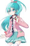  1girl alternate_costume aqua_eyes aqua_hair aqua_nails aqua_skirt buttons commentary_request fingernails g1gigi_0918 hatsune_miku hatsune_miku_(ribbon_girl) headphones headphones_around_neck highres light_blush looking_at_viewer necktie pink_sweater pleated_skirt ponytail project_diva_(series) shirt simple_background skirt smile solo sweater thighhighs vocaloid white_background white_shirt white_thighhighs 