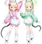  2girls alternate_costume animal_ear_headphones animal_ears apron arm_up bandaid bandaid_on_knee bandaid_on_leg bandaid_on_thigh black_tail blue_archive blunt_bangs bow cardcat_00 cat_ear_headphones cat_ears cat_tail commentary crossed_bandaids fake_animal_ears fake_tail frilled_apron frills full_body green_bow green_eyes green_halo green_jacket hair_bow halo hand_up headphones heart highres jacket knees korean_commentary leg_warmers long_sleeves looking_at_viewer low-tied_sidelocks maid maid_apron maid_headdress midori_(blue_archive) momoi_(blue_archive) multiple_girls multiple_hair_bows no_pants open_mouth parted_bangs pigeon-toed pink_eyes pink_halo pink_jacket puffy_long_sleeves puffy_sleeves red_bow shoes short_hair siblings sidelocks simple_background sisters smile standing tail twins unconventional_maid v white_apron white_background white_headdress white_leg_warmers white_shoes zipper_pull_tab 
