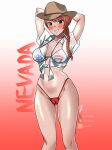  1girl american_flag american_flag_bikini american_flag_print arms_behind_head arms_up bikini bikini_under_clothes blush braid breasts brown_hat cameltoe character_name cowboy_hat feet_out_of_frame flag_print flag_print_bikini front-tie_top gradient_background hat highres kantai_collection large_breasts long_hair looking_at_viewer navel nevada_(kancolle) nevada_kai_(kancolle) nevada_kai_mod.2_(swimsuit)_(kancolle) print_bikini red_eyes red_hair see-through_clothes see-through_shirt shigure_(choukaikaini) shirt single_braid smile solo standing stomach string_bikini swimsuit white_shirt 