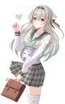  1girl absurdres bag black_hairband black_ribbon black_sailor_collar blush bow bowtie brown_bag buttons closed_mouth collared_shirt double-breasted firefly_(honkai:_star_rail) firefly_(spring_missive)_(honkai:_star_rail) gradient_hair green_bow green_bowtie green_pupils grey_hair grey_skirt hair_between_eyes hair_intakes hair_ornament hair_ribbon hairband handbag heart highres holding holding_bag honkai:_star_rail honkai_(series) long_hair multicolored_eyes multicolored_hair nail_polish niwashi_nero plaid_bow plaid_bowtie plaid_clothes pleated_skirt ribbon sailor_collar shirt simple_background skirt smile solo thighhighs white_background white_shirt white_thighhighs 