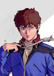  1boy amuro_ray blue_eyes blue_jacket brown_hair canvas_texture closed_mouth commentary expressionless gundam highres ishida_6610 jacket long_sleeves looking_at_viewer male_focus mobile_suit_gundam noose shirt short_hair solo upper_body white_shirt 