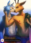  2020 anthro anthro_on_anthro beastars boxer_briefs briefs canid canine canis cervid cervine clothed clothing crunchybeast duo front_view head_grab legoshi_(beastars) looking_at_viewer looking_away louis_(beastars) male male/male mammal nipples red_deer standing text topless underwear underwear_only url wolf 