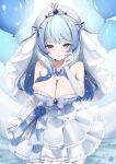  1girl absurdres balloon bare_shoulders blue_bow blue_brooch blue_eyes blue_flower blue_hair blue_petals blush bow breasts character_request cleavage closed_mouth commission copyright_request dress elbow_gloves flower garter_straps gloves grey_bow gvmmr hair_flower hair_ornament hat hat_bow highres large_breasts long_hair skeb_commission smile solo strapless strapless_dress virtual_youtuber white_dress white_garter_straps white_gloves white_hat 