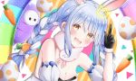  1girl 1other animal_ears arm_up bangs bare_shoulders black_gloves blue_hair blush braid breasts bunny_ears bunny_girl carrot carrot_hair_ornament cleavage commentary_request crown don-chan_(hololive) egg eyebrows_visible_through_hair fall_guy fall_guys food_themed_hair_ornament fur-trimmed_gloves fur_trim gloves hair_between_eyes hair_ornament highres hololive long_hair looking_at_viewer medium_breasts mini_crown nanakokamo open_mouth pointing pointing_up sidelocks sleeveless strapless thick_eyebrows twin_braids usada_pekora virtual_youtuber white_hair yellow_eyes 