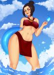  1girl absurdres arm_behind_back artist_name avatar:_the_last_airbender avatar_(series) azula bare_shoulders bikini black_hair blue_sky blush breasts brown_eyes cloud collarbone commentary contrapposto day feet_out_of_frame fire from_below hair_bun halterneck highres innertube lipstick looking_at_viewer makeup midriff navel red_bikini red_lips red_lipstick sarong shellvi sky solo splashing standing stomach swimsuit thighs wading 