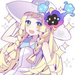  1girl absurdres blonde_hair braid collared_dress cosmog dress green_eyes hand_on_headwear hat highres lillie_(pokemon) pkm_lemon pokemon pokemon_(creature) pokemon_sm sleeveless sleeveless_dress star_(symbol) sun_hat sundress twin_braids white_background white_dress white_hat 