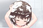  1girl arms_up brown_hair closed_eyes closed_mouth commentary_request cropped makigai original paid_reward_available short_hair soap_bubbles solo tile_wall tiles washing_hair 