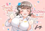 absurdres artist_name blush breasts brown_hair cleavage closed_eyes collared_shirt english_text furaggu_(frag_0416) hair_ornament hairclip highres jewelry kantai_collection milestone_celebration myoukou_(kancolle) open_mouth ring shirt short_hair smile solo teeth upper_body upper_teeth_only wedding_ring white_shirt 