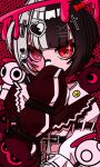  1girl angel_and_devil black_hair black_jacket cross_hair_ornament glasses grey_hair hair_ornament halo heart heart_hair_ornament highres jacket liquid_halo looking_at_another multicolored_hair multicolored_jacket original red_eyes red_halo solo split-color_hair two-tone_hair two-tone_jacket white_jacket yuvur1 