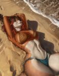 absurd_res anthro beach bikini breasts brown_body brown_fur brown_hair circle_eyebrows claws clothing countershading erect_nipples eyebrows eyewear female foam freckled_face freckles fur glasses green_eyes hair heart_symbol hi_res highlights_(coloring) humanoid latex latex_bikini looking_at_viewer looking_up lying mammal markings membrane_(anatomy) multicolored_body multicolored_hair mustelid nikkimory nipples on_back orange_clothing orange_topwear otter pattern_bikini pattern_clothing pattern_swimwear pinup pointy_nipples pose red_highlights riley_delmare river_otter sand sea sea_otter seafoam short_hair smile smiling_at_viewer solo striped_bikini striped_body striped_clothing striped_fur striped_markings striped_swimwear stripes swimwear tail teal_bikini teal_clothing teal_swimwear thalassophilia_(zombiecowherd) topwear translucent translucent_clothing translucent_topwear two-piece_swimsuit two_tone_hair water webbed_hands