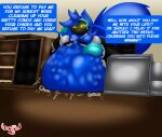 4_fingers abdominal_bulge angry animal_humanoid annoyed anthro anthro_pred belly belly_on_table big_belly big_breasts blue_body blue_fur blue_hair breasts canid canine cash_register claws clothed clothing cybernetics cyborg digestion digestion_noises fatal_vore female female_pred fingers fully_inside fur hair hand_on_belly hi_res huge_belly humanoid long_tail machine maid_uniform male male_prey mammal mammal_humanoid onomatopoeia protogen protogen_visor same_size_vore sokoyo_owo sound_effects speech_bubble starry_(sokoyo_owo) struggling struggling_prey tail text uniform vore yellow_eyes