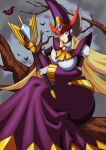  1girl absurdres android arm_guards armor berkana_(mega_man) blonde_hair blue_eyes breastplate breasts capcom chest_jewel cloud cloudy_sky dress gauntlets gloves hat headphones highres holding holding_staff in_tree jeweled_hat joints kotatuman_dash large_breasts long_dress long_hair looking_at_viewer mega_man_(series) mega_man_x_(series) mega_man_xtreme_2 plate_armor purple_dress robot robot_girl robot_joints shoulder_armor shoulder_spikes sidelocks sitting sitting_in_tree sitting_on_branch sky spikes staff tree turtleneck vambraces white_gloves witch witch_hat 