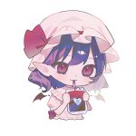  1girl ascot back_bow bat_wings blood blood_bag blue_hair bow cropped_torso drinking_blood frilled_shirt_collar frills hat hat_ribbon highres ko_gyoku mob_cap pink_hat pointy_ears red_ascot red_eyes red_ribbon remilia_scarlet ribbon solo touhou white_background wings 