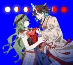  2others aaayamitsu androgynous angry armor bare_arms belt belt_buckle black_belt black_hair black_shirt blue_background blue_fire blue_hakama brooch brown_headband brown_kimono buckle candle_on_head chinese_commentary closed_mouth clothes_grab commentary_request cowboy_shot epaulettes eye_contact eyelashes faulds fire green_hair hair_between_eyes hair_ornament hairband hairpin hakama hakama_short_skirt hakama_skirt hand_on_another&#039;s_hip headband highres japanese_clothes jewelry kimono len&#039;en light_frown long_hair long_sleeves looking_at_another moon_phases mouth_guard multiple_hairpins multiple_others other_focus pointy_ears red_eyes red_hairband red_ribbon red_vest ribbon sad shirt short_hair_with_long_locks sidelocks skirt sleeve_ribbon sleeveless sleeveless_shirt taira_no_chouki taira_no_fumikado v-shaped_eyebrows very_long_hair vest waist_tassel wavy_hair wide-eyed wide_sleeves 