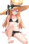  1girl animal_ear_fluff animal_ears barefoot bikini black_bikini blue_archive blue_eyes bow breasts brown_hat ears_through_headwear flower fox_ears frilled_bikini_bottom halo hat hat_bow highres mari_(blue_archive) navel orange_hair parted_lips simple_background small_breasts smile solo straw_hat swimsuit white_background white_flower yellow_halo zarashi 
