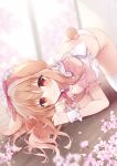  1girl all_fours animal_ears ass blonde_hair blush bow breasts brown_eyes cleavage cleavage_cutout closed_mouth clothing_cutout cropped_shirt dog_ears dog_girl dog_tail flower frills hair_ornament hair_ribbon highres long_hair looking_at_viewer maid maid_headdress medium_breasts original panties pink_panties ribbon shirosei_mochi shirt smile solo tail thighhighs underwear white_thighhighs wrist_cuffs 