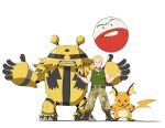  1boy biceps black_eyes blonde_hair boots camouflage camouflage_pants dog_tags electivire electrode_(pokemon) green_shirt grin hashtag-only_commentary highres holding holding_removed_eyewear legs_apart looking_at_viewer male_focus pants pokemon pokemon_(creature) pokemon_hgss psaber97 raichu shirt short_hair sleeveless sleeveless_shirt smile spiked_hair standing surge_(pokemon) teeth unworn_eyewear white_background 