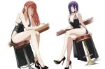  2girls bar_stool bare_legs bare_shoulders black_choker black_dress breasts chainsaw_man choker cleavage demon_girl dress full_body high_heels legs makima_(chainsaw_man) medium_breasts multiple_girls narrow_waist red_hair reze_(chainsaw_man) sidelocks simple_background stool twitter_username white_background yvonne 
