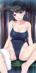  1girl absurdres black_hair black_swimsuit breasts brown_eyes cleavage collarbone commentary_request competition_school_swimsuit cowboy_shot highleg highleg_swimsuit highres long_hair looking_at_viewer mizunashi_kenichi original school_swimsuit sitting solo spread_legs swimsuit towel white_towel 